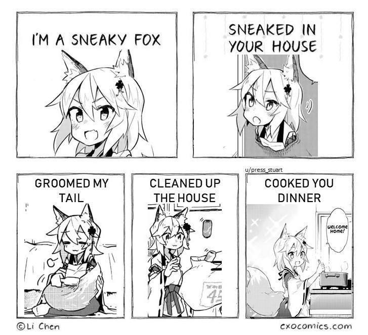 Comic
“I’m a sneaky fox”
“Sneaked in your house”
“Groomed my tail”
“Cleaned up the house”
“Cooked you dinner”